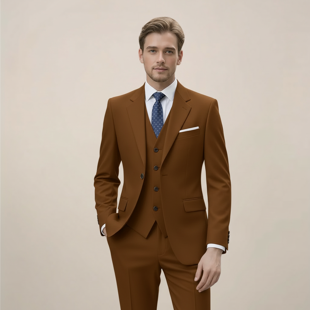 Men's slim fit three-piece suit, tailored for a modern, elegant look. Perfect for business or formal events.