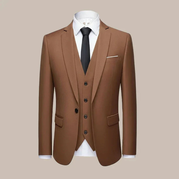 Elegant men's slim fit three-piece wedding suit, tailored for a sharp, modern groom or guest. Formal wear.