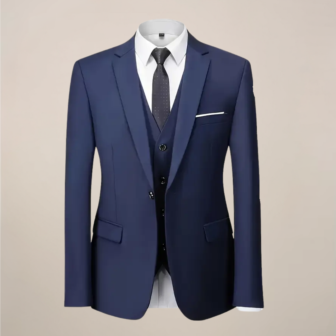 Professional men's slim fit three-piece business suit. Tailored formal attire for modern office or special occasions.