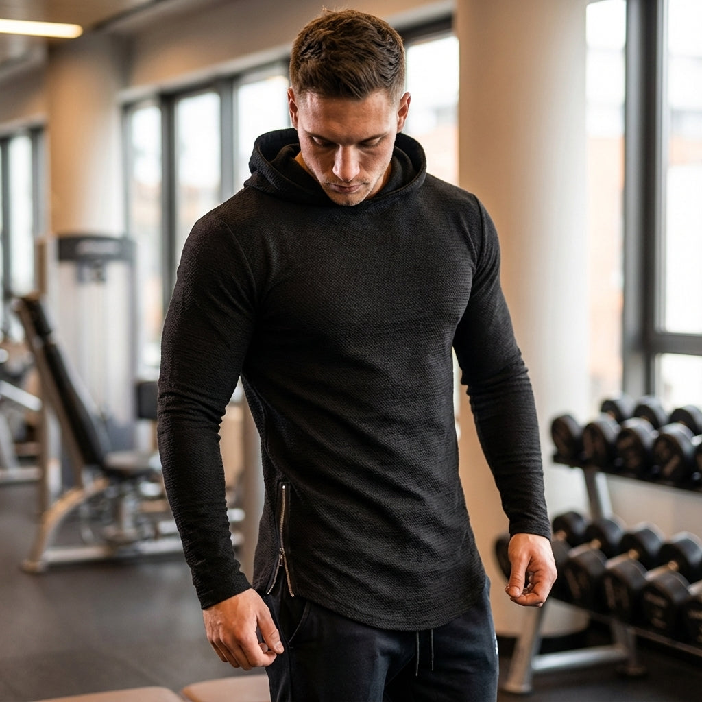 Men's slim fit training hoodie with a zipper. Ideal activewear for workouts, sports, and athletic performance.