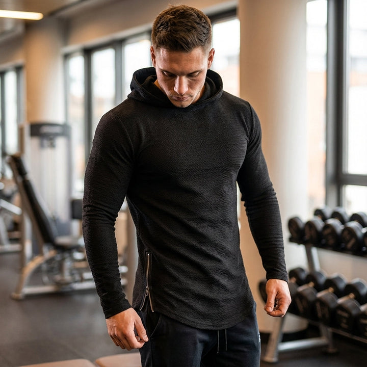 Men's slim fit training hoodie with a zipper. Ideal activewear for workouts, sports, and athletic performance.