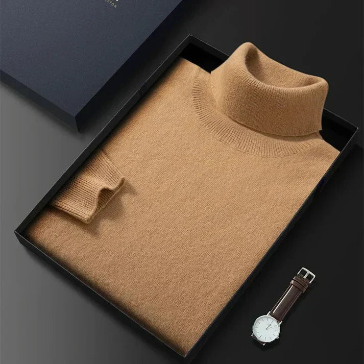 Classic men's versatile long-sleeve turtleneck pullover for elegant fall & winter fashion layering.