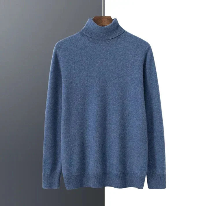Modern men's smart casual turtleneck sweater, a slim-fit essential for contemporary fall fashion.