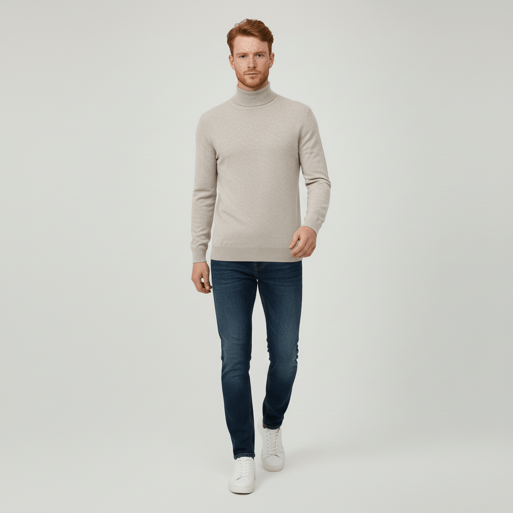 Modern men's slim-fit turtleneck sweater Toby for a sleek, warm, versatile, and stylish look.
