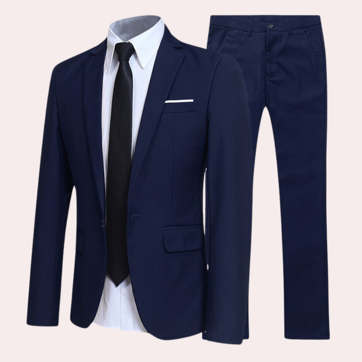 Stylish men's slim fit formal suit with matching blazer and trousers, ideal for weddings & elegant occasions.