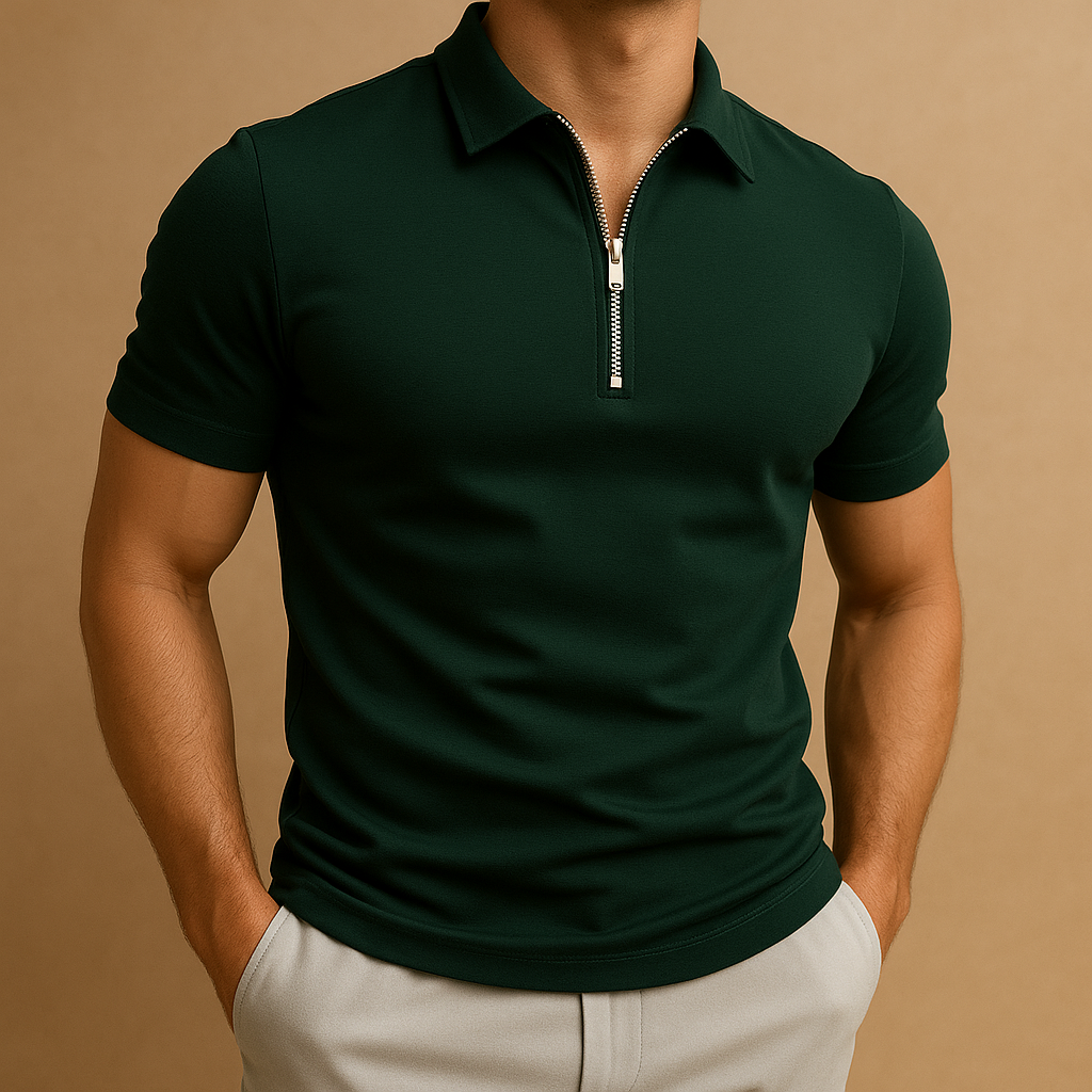 Men's fashion slim fit polo shirt with a stylish zip neck, designed for comfortable everyday wear.
