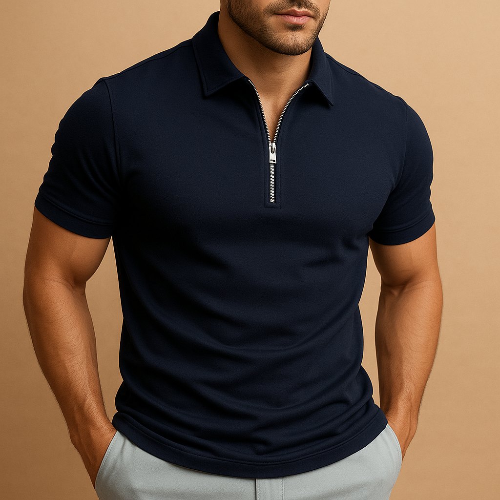 Contemporary men's short sleeve polo shirt, offering a smart casual slim fit with a chic zip neck.