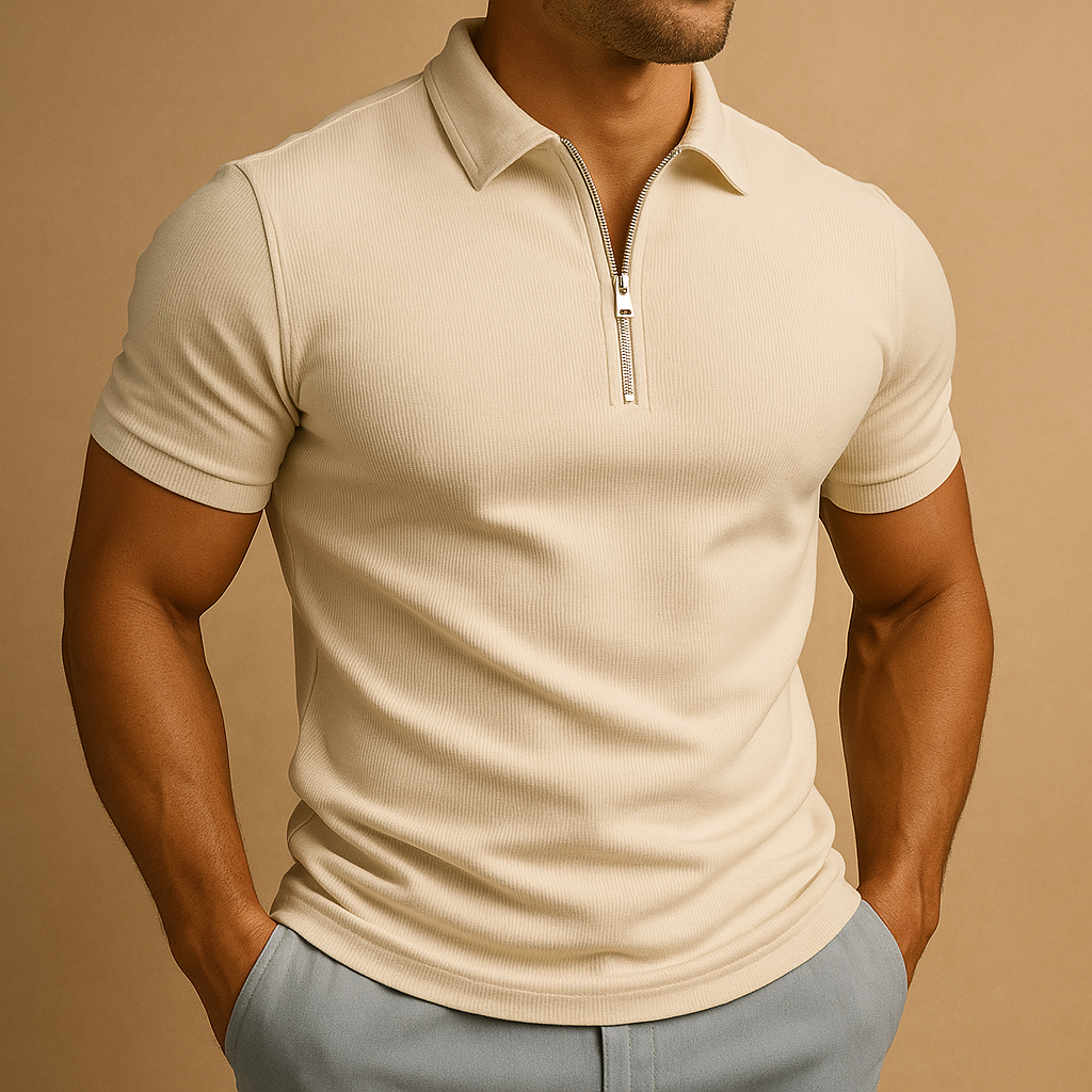 Modern men's top: a versatile slim fit zip neck polo, essential for a polished casual wardrobe.