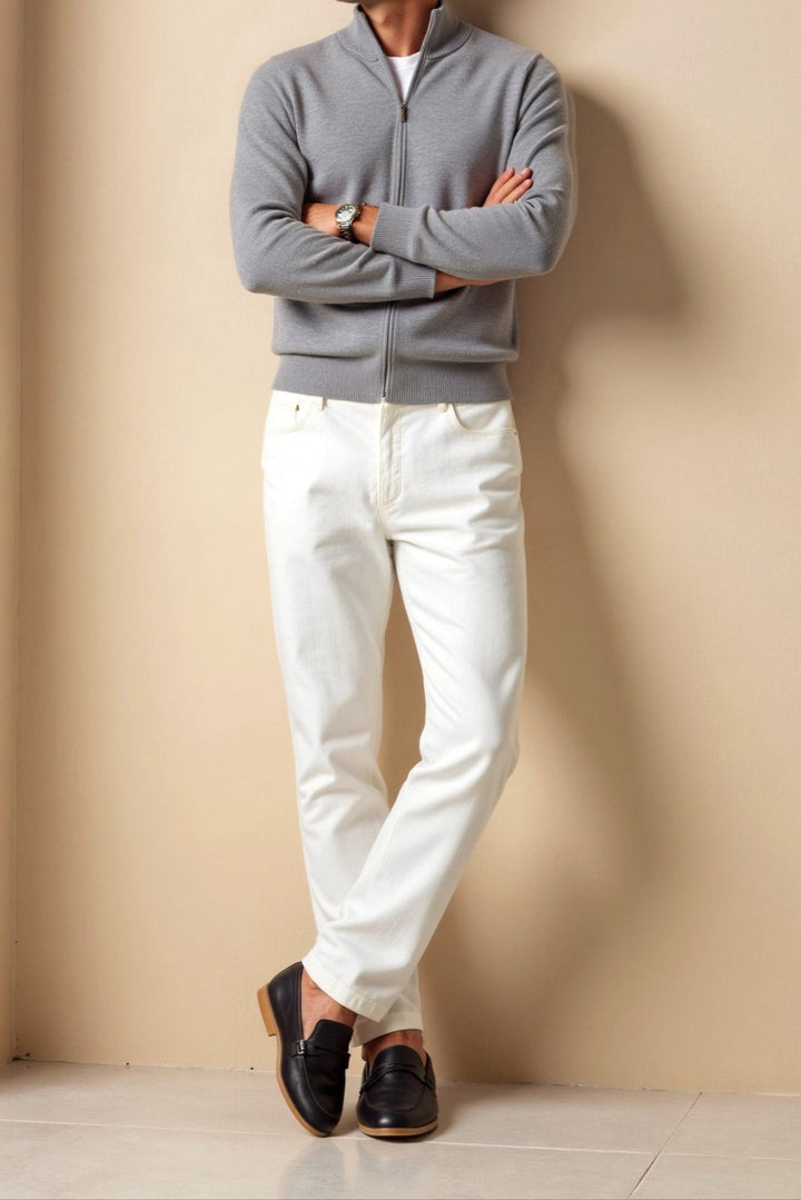 Modern men's slim fit zip-up jacket featuring a chic stand collar. Ideal casual outerwear.