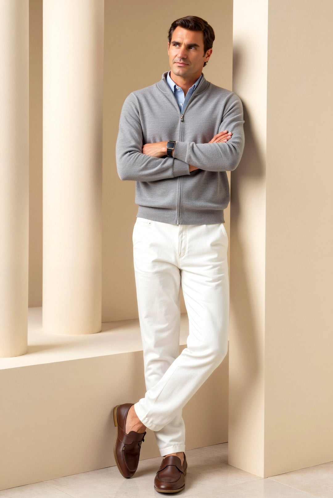 Everyday men's slim fit zip-up jacket. Stylish stand-up collar, great as a casual layering piece.