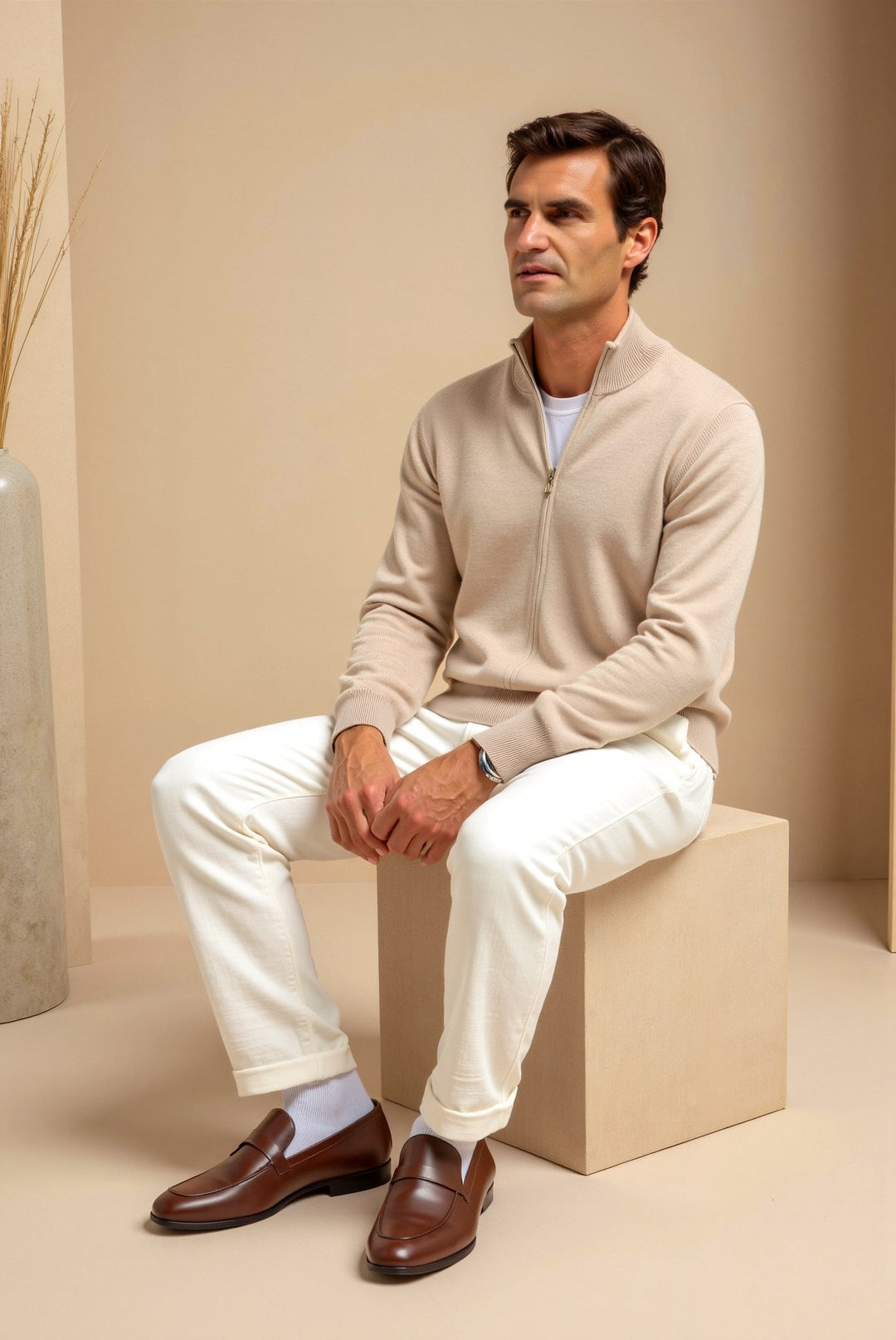 Slim fit men's zip-up jacket with stand-up collar. Versatile outerwear for modern casual fashion.