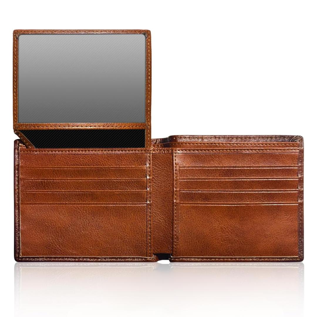 Men's slim RFID blocking bifold wallet in classic brown leather, perfect for secure everyday carry & card organization.