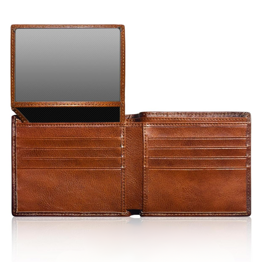 Men's slim RFID blocking bifold wallet in classic brown leather, perfect for secure everyday carry & card organization.