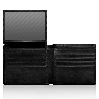 Black leather men's RFID blocking bifold wallet, secure card holder for multiple credit cards & ID.