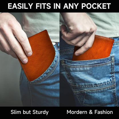Premium brown men's slim wallet, RFID blocking bifold design for secure card holder and cash organization.