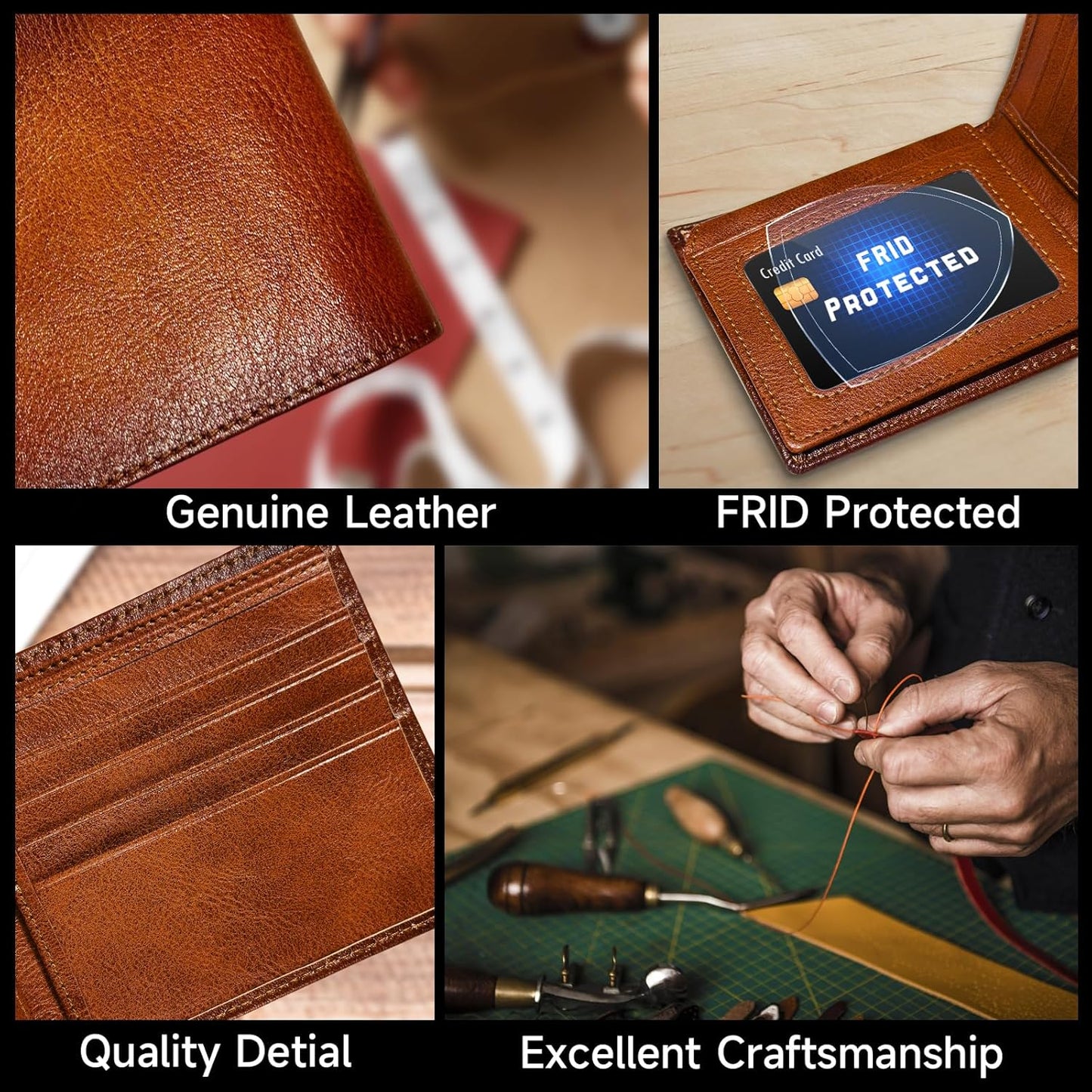 Durable leather men's slim bifold wallet, RFID blocking technology keeps cards safe from digital theft.