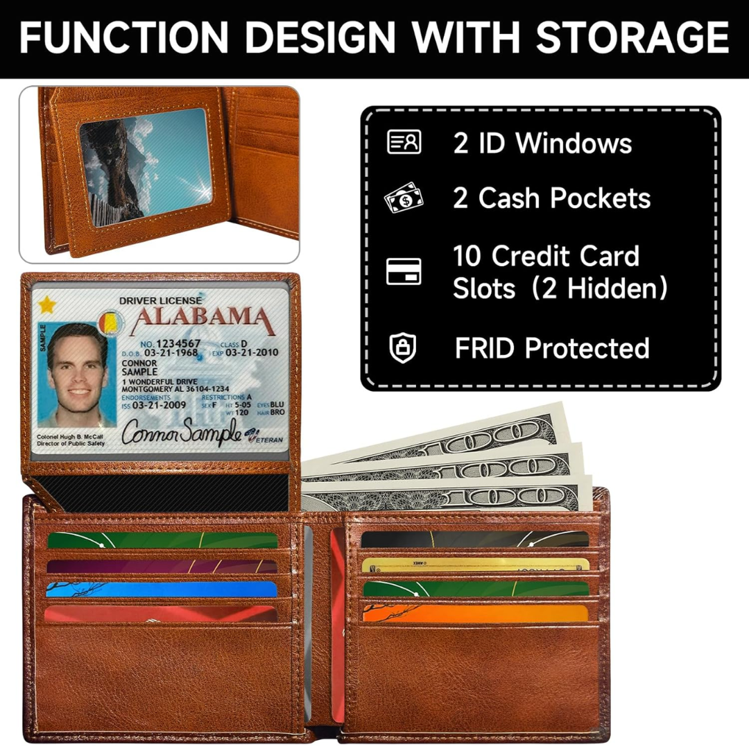 Versatile black men's RFID bifold wallet. Slim design, secure card holder, essential mens accessory.
