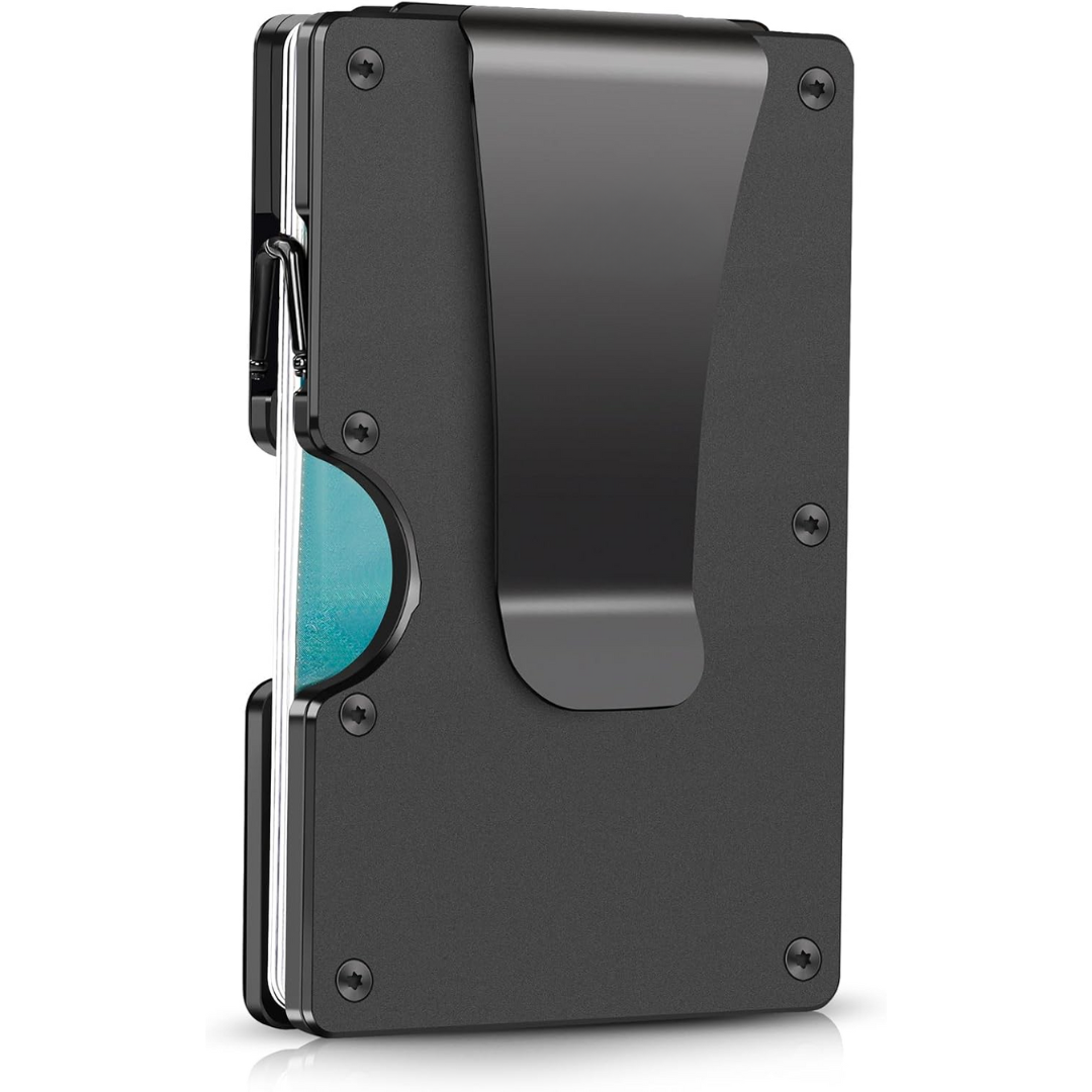 Men's slim RFID-blocking carbon fiber wallet with money clip for secure front pocket carry.