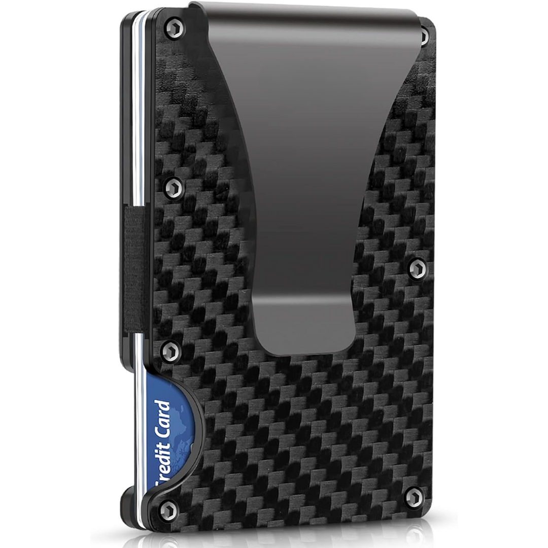 Front pocket ready men's wallet: carbon fiber, slim design, RFID protection, and a strong money clip.