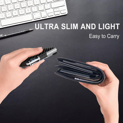 Secure men's carbon fiber slim wallet with RFID blocking and money clip, ideal for cards & cash.