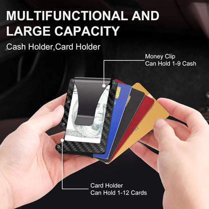 Durable carbon fiber men's wallet, ultra-slim, RFID-blocking, includes a convenient money clip.