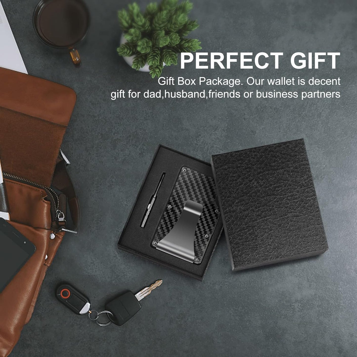 Carbon fiber card holder & money clip wallet for men, slim profile, with essential RFID protection.