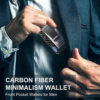 Elegant minimalist men's carbon fiber wallet, RFID-blocking, slim for front pocket, with secure money clip.