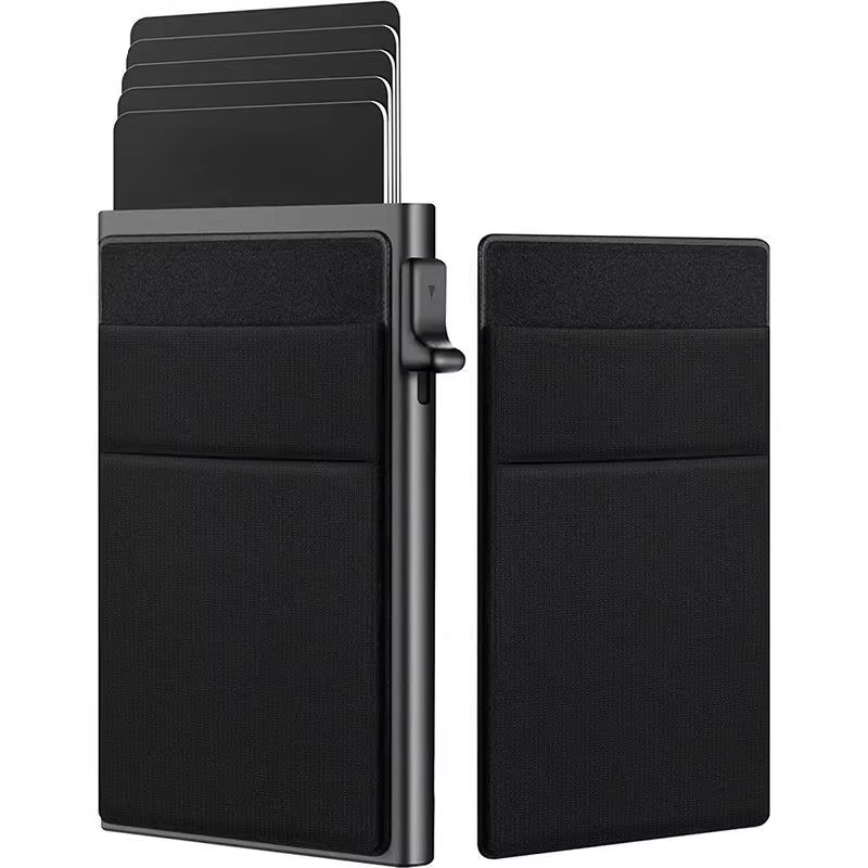 Men's slim RFID metal credit card holder, minimalist wallet design for secure card protection.