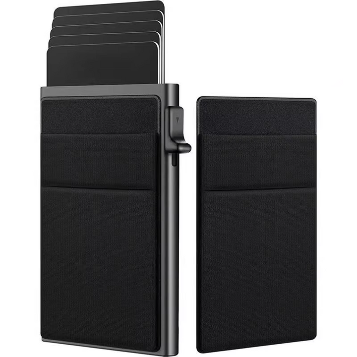 Men's slim RFID metal credit card holder, minimalist wallet design for secure card protection.