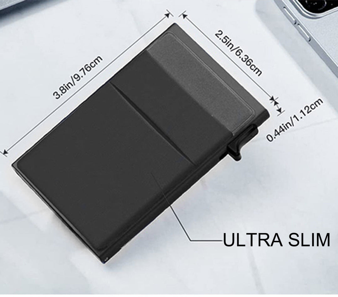 Modern men's minimalist wallet, featuring an RFID metal credit card holder design.