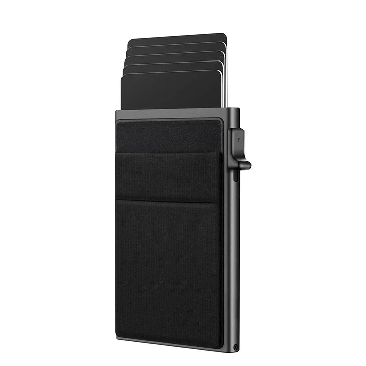 Streamlined men's metal credit card holder, an RFID blocking slim wallet for secure cards.