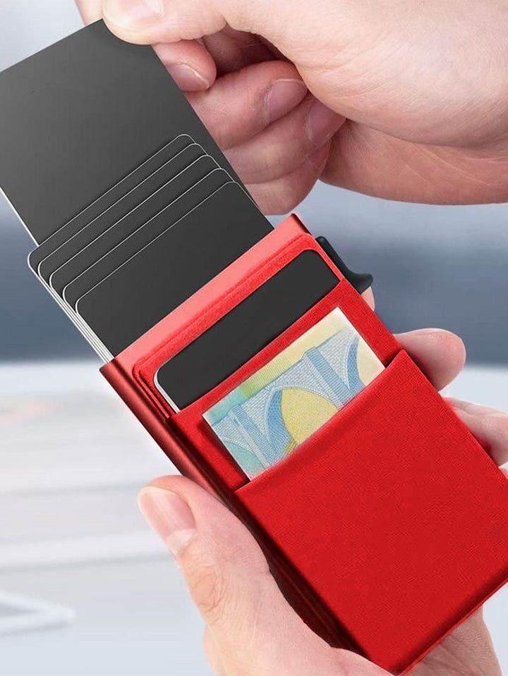 RFID blocking metal wallet, thin & compact, ideal for men's credit cards & ID.