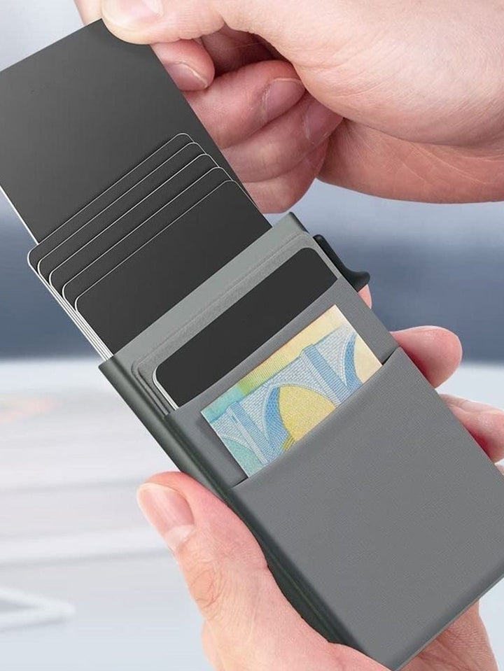 Minimalist men's wallet: slim RFID metal card holder, perfect for front pocket carry.