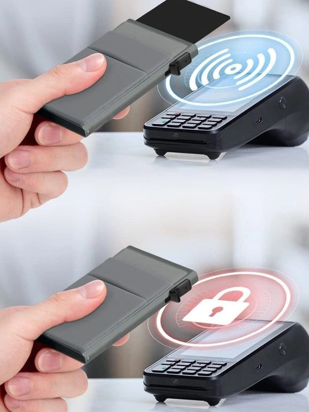 Durable metal RFID card holder for men, ultra-slim design protects credit cards securely.