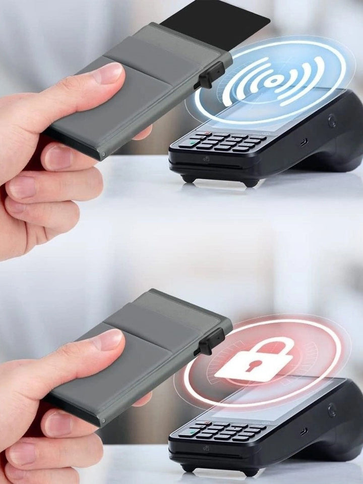 Durable metal RFID card holder for men, ultra-slim design protects credit cards securely.