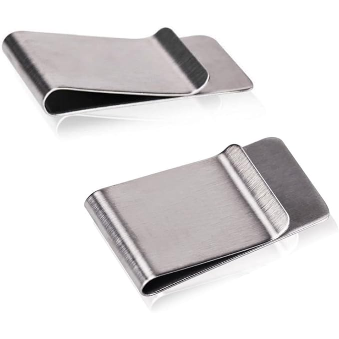 Sleek stainless steel credit card holder & money clip. Ideal men's slim wallet alternative for modern minimalist style.