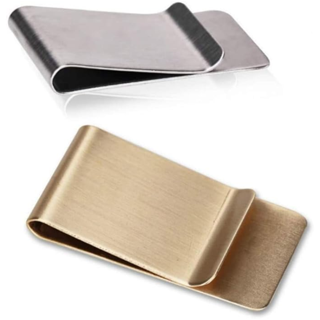 Durable stainless steel business card holder and money clip set. Elegant and slim metal wallet for essential cards & cash.