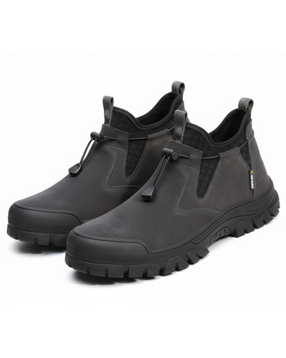 Men's slip-on steel-toe work boots, durable and comfortable safety footwear.