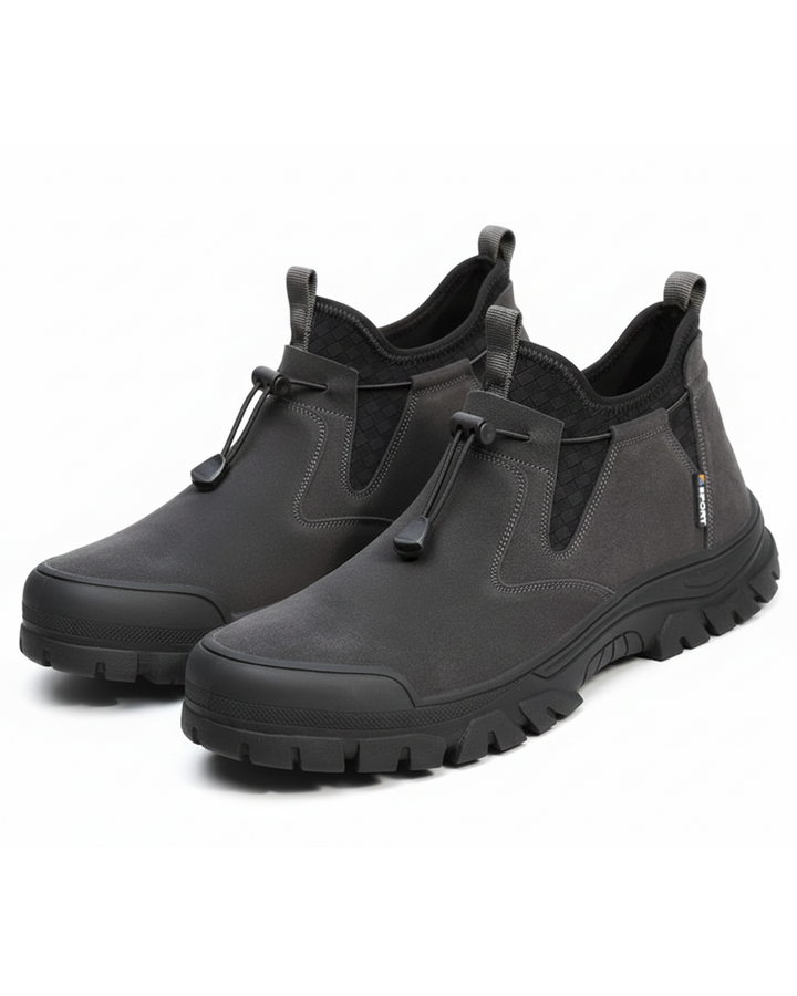 Men's slip-on steel-toe work boots, durable and comfortable safety footwear.