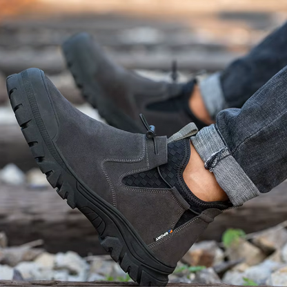 Easy slip-on steel-toe work boots for men, providing comfort, durability, and safety.