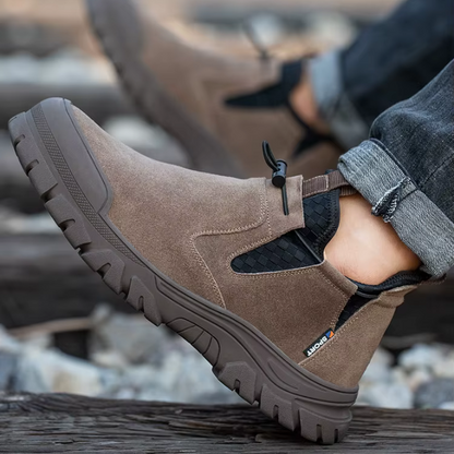Comfortable men's slip-on steel-toe work boots, essential safety footwear for professionals.
