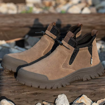 Durable black men's slip-on steel-toe work boots, offering secure non-slip protection.