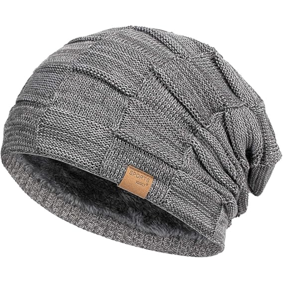 Warm thermal knitted beanie hat for men, ideal for winter outdoor activities and casual style.