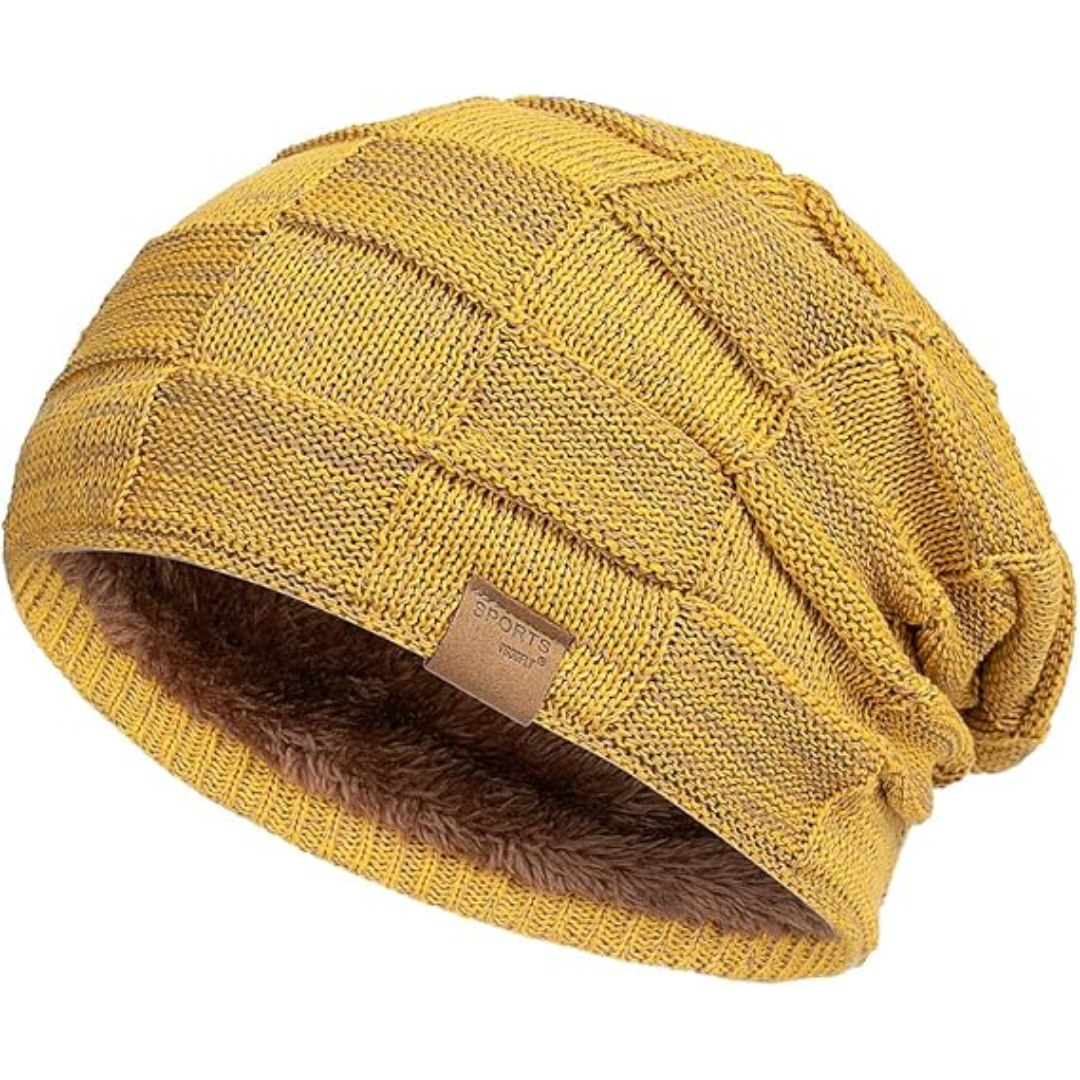 Stylish men's slouch beanie, a warm knitted winter hat accessory for cold weather fashion.