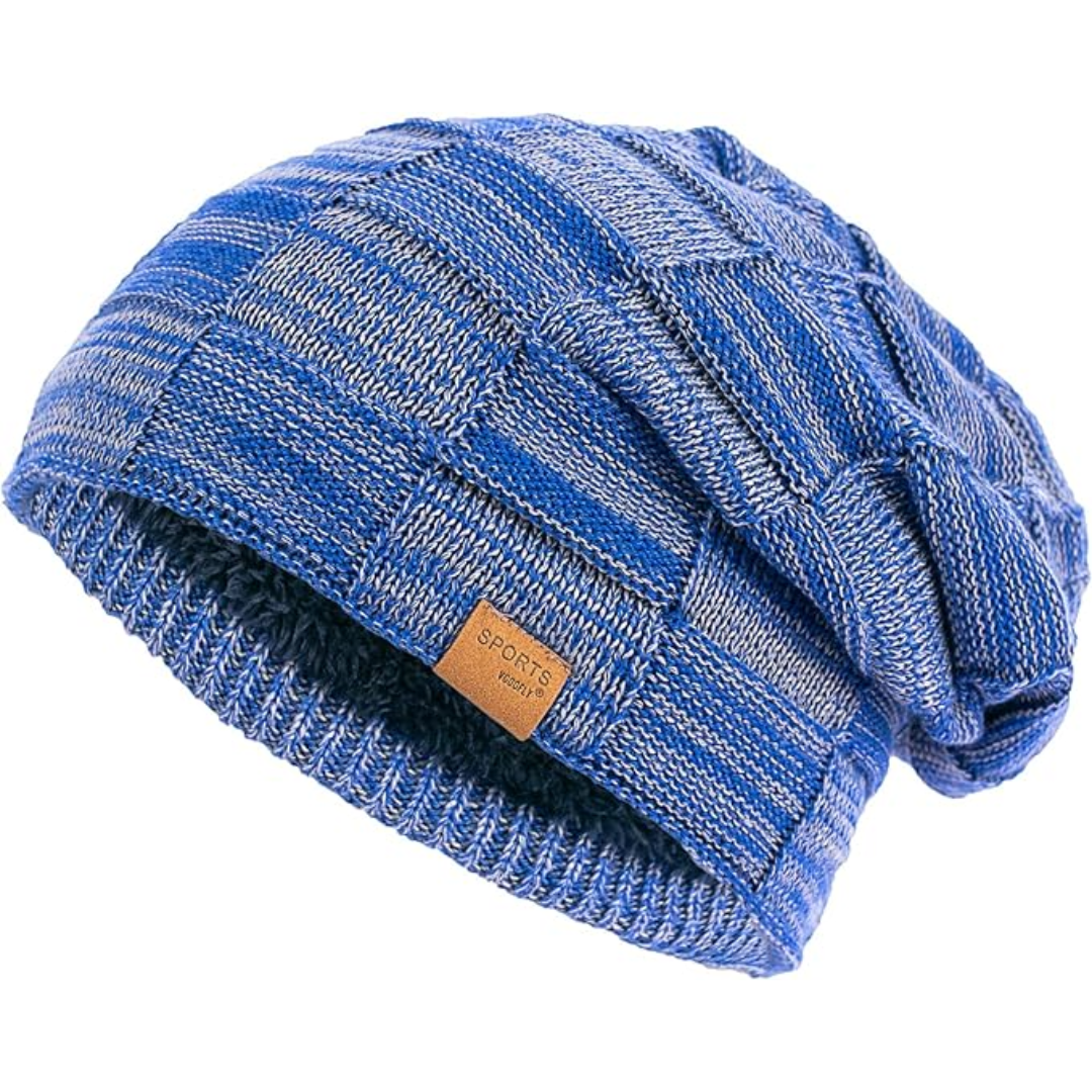 Slouchy men's knitted winter beanie, warm and comfortable for outdoor adventures.