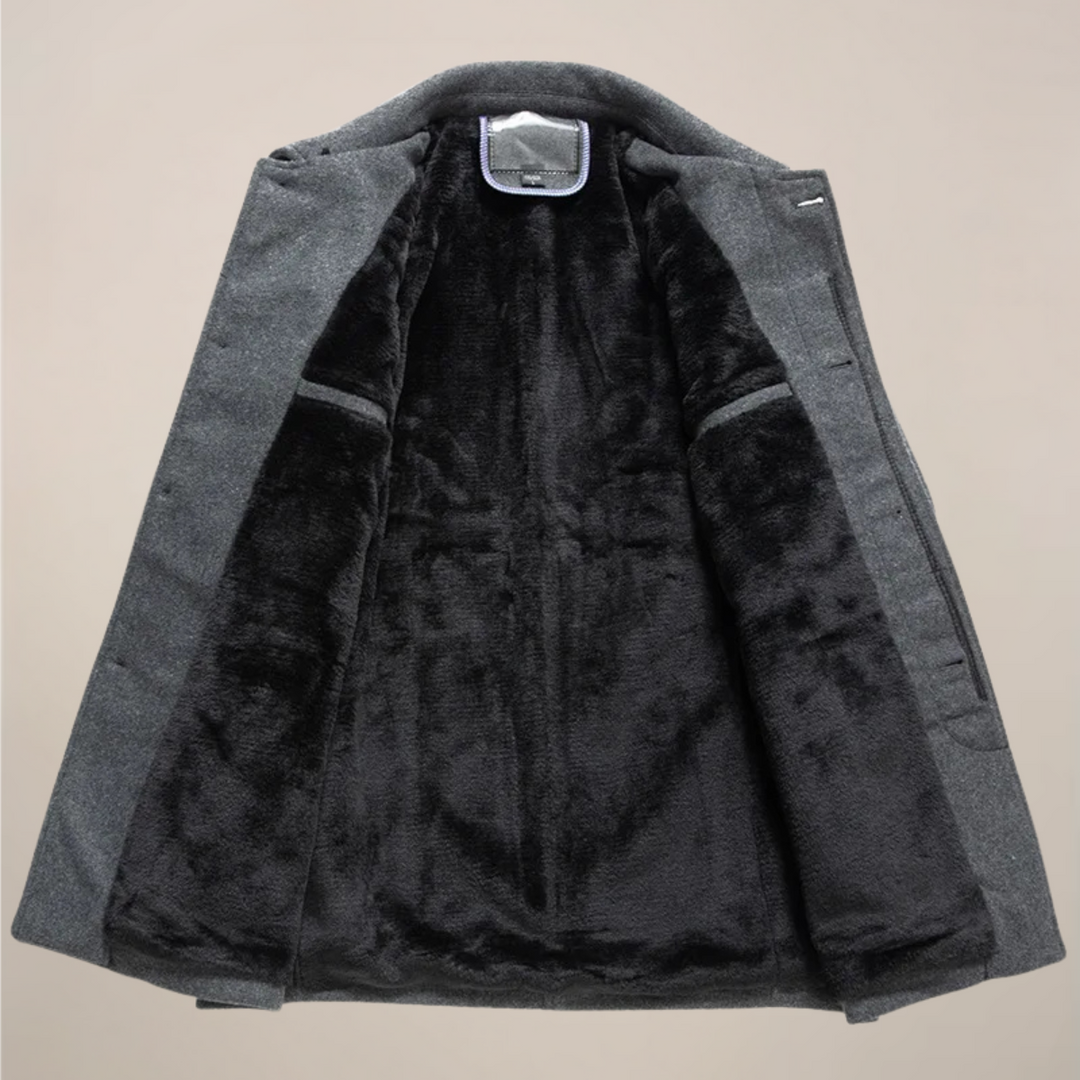 Warm men's long sleeve button-up jacket, an essential winter coat for smart casual style.