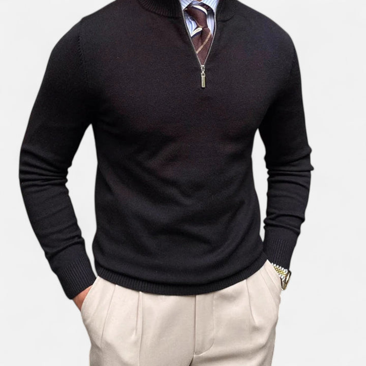 Close-up of a men's classic half-zip sweater collar detail, highlighting its smart casual design and quality.