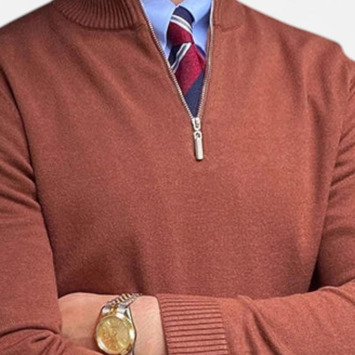Model in a men's long-sleeve half-zip sweater, showcasing versatile smart casual style and comfortable layering.