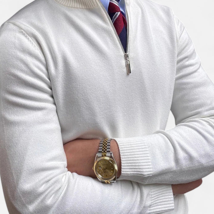 Textured men's half-zip pullover sweater, a classic and versatile essential for smart casual everyday wear.