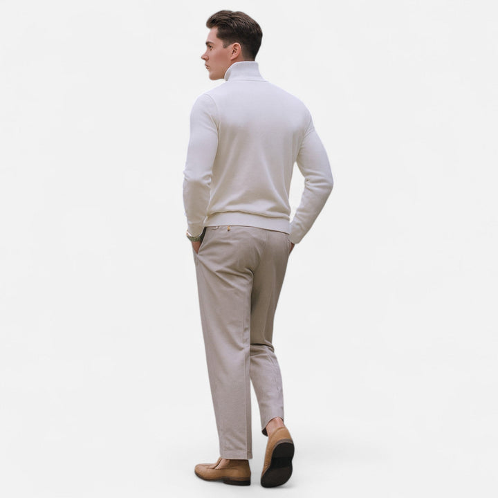 Back view of a men's versatile half-zip sweater, offering comfortable everyday style and smart casual layering.